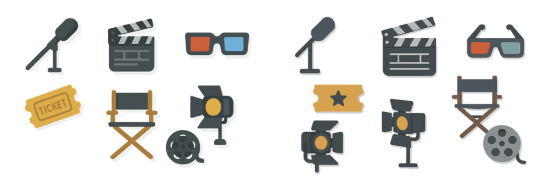 Film production tools and elements displayed in a colorful arrangement, showcasing essential items for movie-making