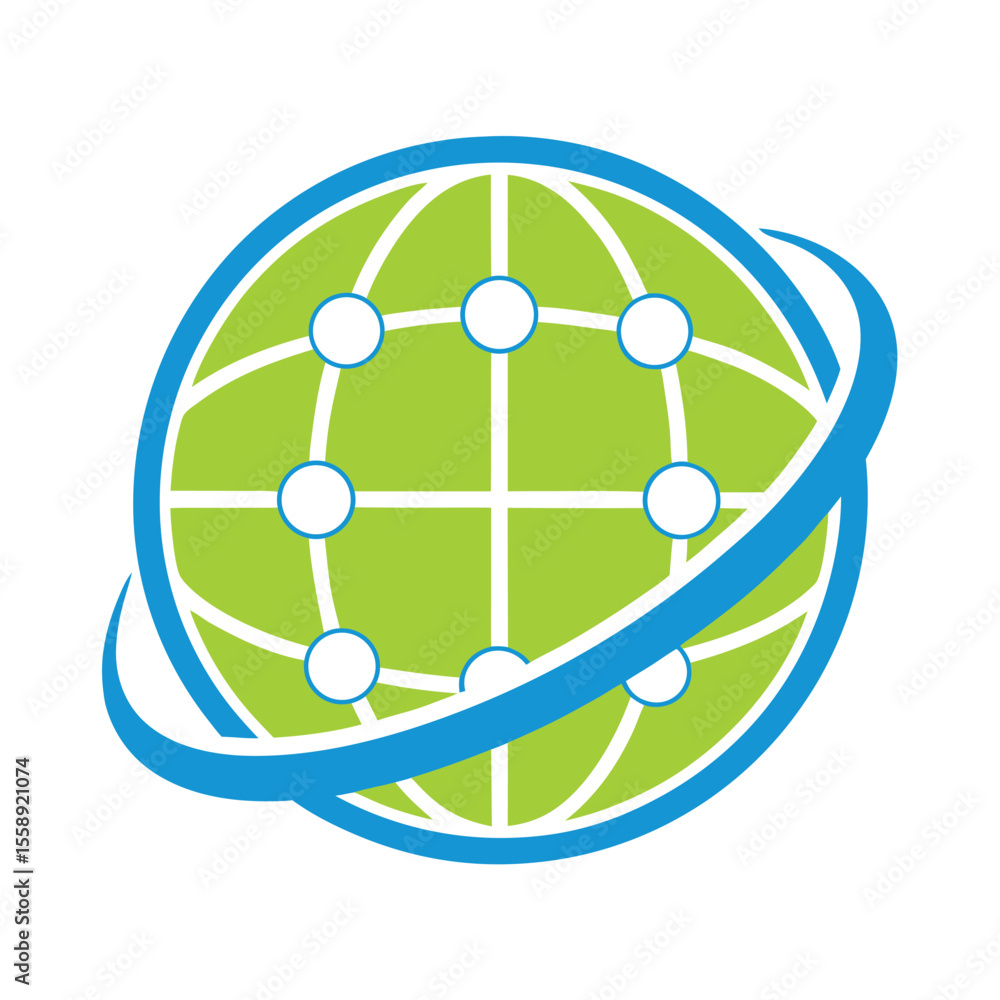 Poster green globe with blue orbits and white connection points network technology