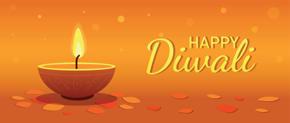 Vector horizontal illustration of happy Diwali festival, light, warmth and victory of good over evil. Oil lamp with flame and petals on bright glowing background. Ideal for holiday cards and banners.