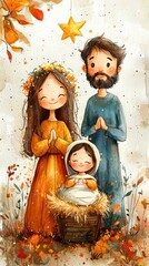 A Holy Family Watercolor Painting of Christmas Eve