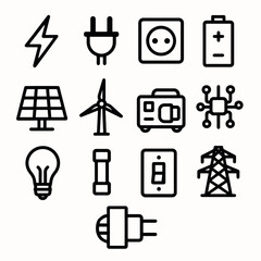 12 black power icons. Solid vector for electricity, energy, and technology.