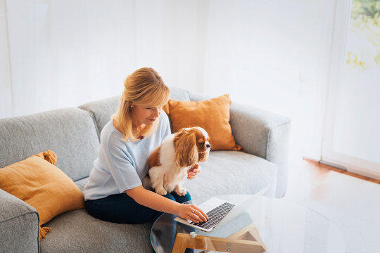 Middle aged woman sitting on the couch with a dog on his lap and using her laptop