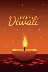 Vector vertical banner with space for text Diwali holiday, light, warmth and victory of good over evil. Oil lamp with flame and petals on glowing background. For holiday cards, banners