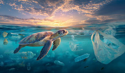 Obraz premium Surreal underwater view of a sea turtle swimming among plastic bottles