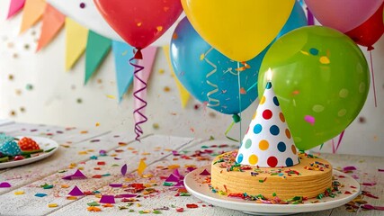 Colorful birthday celebration with decorated cake, polka dot party hat, balloons, confetti, and festive banners on white table - Powered by Adobe