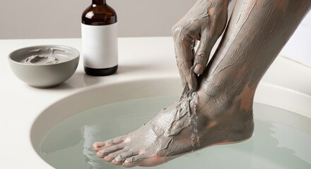 Fototapeta premium Person applying gray mud mask to foot in water basin for skincare
