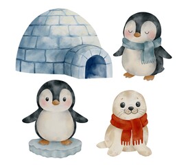 Cute watercolor clipart with penguin, white seal and igloo on white background. Perfect for stickers, greeting cards, kids products, nursery prints, winter design and seasonal decor.