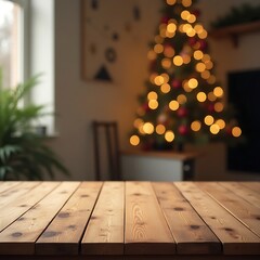     Rustic Wooden Table with Warm Natural Grain in Festive Christmas Background Featuring Bokeh Lights and Decorated Tree – Cozy Holiday Mockup Scene