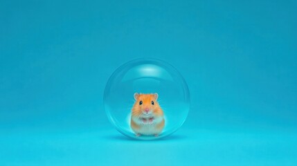Adorable Hamster in a Transparent Sphere Against a Vibrant Blue Background