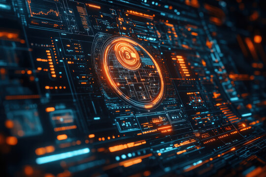 Coin on circuit board glows with tech brilliance. - Powered by Adobe