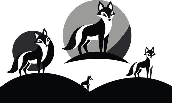Stylized Fox Family on Hills in Black and White Illustration
