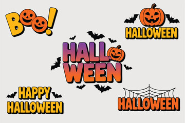 Halloween Elements Boo, Pumpkins, Bats, Spiderweb, and Word Halloween Design Illustration