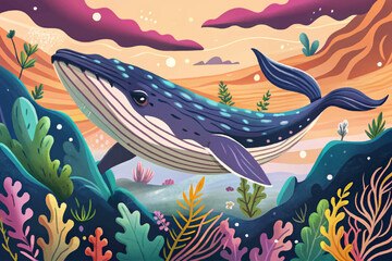 majestic whale gliding peacefully through the deep blue ocean depths, ideal for marine life themes, nature visuals, or educational content