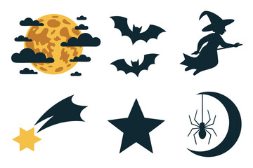 Fototapeta premium Halloween Elements Witch Silhouette, Bats, Moon, Star, Spider, and Falling Star