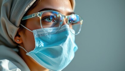 closeup woman face wearing hygienic surgical mask and protective eyeglasses to prevent contagious pandemic threat, captured from a dramatic worm's eye, third person view in ethereal light