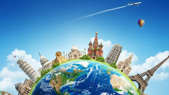 A vibrant composite image showcases famous world landmarks encircling a globe under a bright blue sky, inspiring wanderlust and global exploration