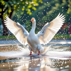 A white goose splashes energetically in a splash pad as it spreads its wings wide, with sunlit droplets creating a sparkling effect around it