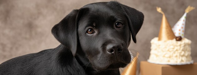 Black Labrador enjoys birthday celebration with cake and party hats in joyful atmosphere