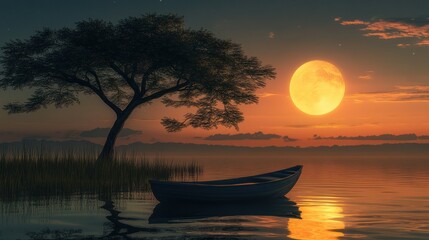 Serene moonlit lake scene with a small rowboat gently resting near a silhouetted tree at dusk