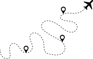 Airplane road featuring a dashed line. This represents the flight path of a plane. The airplane is depicted in flight, leaving behind a twisted, curved, and straight dashed trace along its route.

