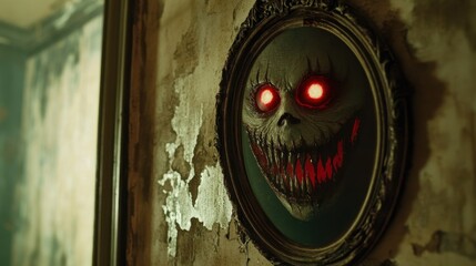 Eerie Reflection: A horrifying visage peers from an antique mirror, its malevolent eyes burning with an unnatural crimson glow, casting an unsettling atmosphere of dread and mystery.