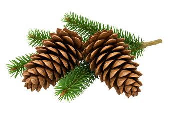 Two large pine cones on a green spruce branch isolated on transparent background