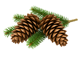 Two large pine cones on a green spruce branch isolated on transparent background