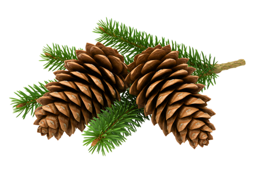 Two large pine cones on a green spruce branch isolated on transparent background