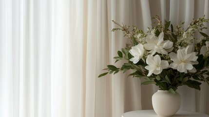 Fototapeta premium White flower arrangement displayed in a vase near a window covered by sheer fabric curtains