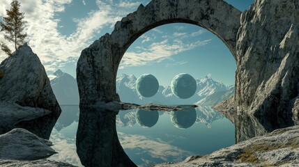 Celestial Gate: An awe-inspiring landscape features a natural stone arch framing a serene lake mirroring majestic mountains, with surreal orbs floating in the sky.