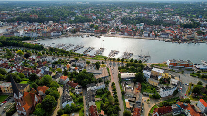 Aerial view of the old town of the city Flensburg in Germany on an overcast day in afternoon