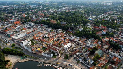 Aerial view of the old town of the city Flensburg in Germany on an overcast day in afternoon