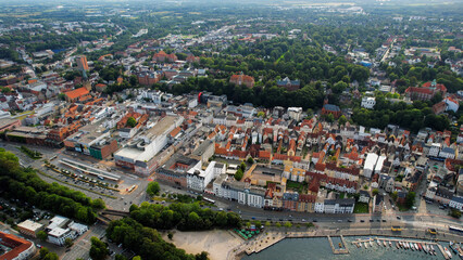 Aerial view of the old town of the city Flensburg in Germany on an overcast day in afternoon