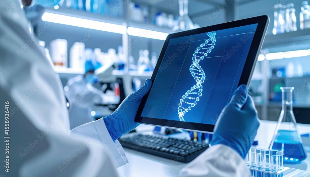 Aufkleber scientist in a lab wearing gloves analyzes a digital tablet displaying a 3d dna helix model.