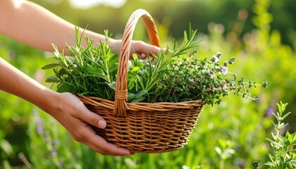 Hands Holding Basket Of Fresh Herbs In Garden