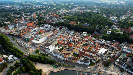 Aerial view of the old town of the city Flensburg in Germany on an overcast day in afternoon