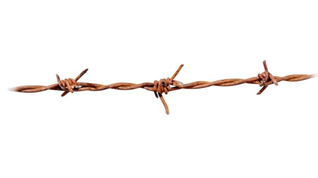 Barbed Wire close-up : Capturing the gritty detail of a strand of rusty barbed wire, its sharp barbs glinting, this image evokes themes of security, restriction, and the passage of time.