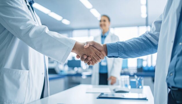 Two medical professionals shake hands in a bright, modern clinic with a third person observing in the background.