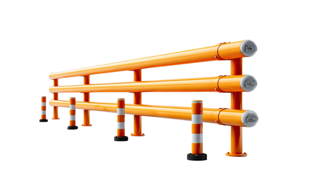 Road Barrier: An orange safety barrier. a row of orange protective barriers, each designed to provide a clear safety barrier against potential hazards.