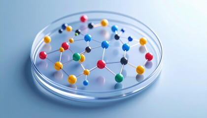 Colorful molecular model with connected atoms inside a clear petri dish on a light blue surface.