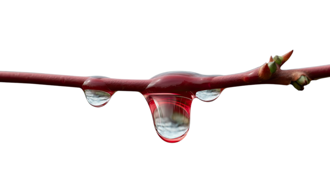 Water Droplets on Branch: Exquisite water droplets delicately cling to a vibrant red branch, their transparency mirroring the world. This photo is a captivating glimpse of nature's elegance.