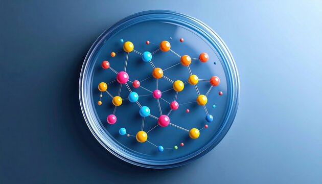 Colorful molecular model displayed in a petri dish illustrating interconnected atoms and bonds on a blue background. - Powered by Adobe