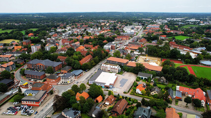 Aerial view of the old town of the city Kaltenkirchen in Germany on an overcast day in afternoon