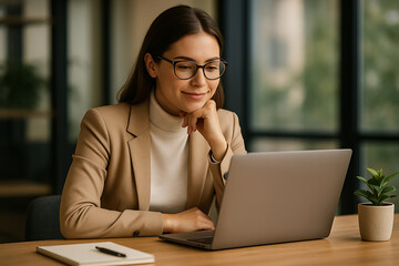 Woman wearing glasses and a tan blazer looking at a laptop desk office