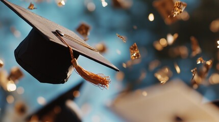 Graduates toss caps in celebration during an outdoor ceremony as golden confetti falls on a bright day