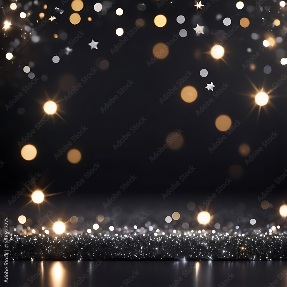 Poster black and gold glowing string lights with sparkling bokeh on dark elegant background, perfect for fe