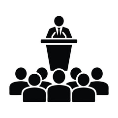 A set of pictogram symbols including a speaker, audience, rostrum, and person at a desk for corporate events On White Bg