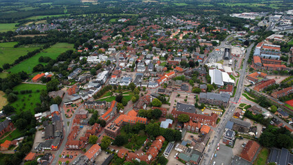Aerial view of the old town of the city Kaltenkirchen in Germany on an overcast day in afternoon