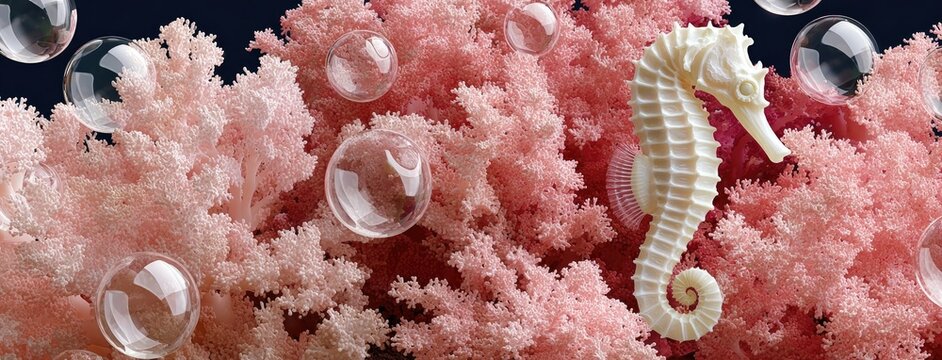 Cute cartoon seahorse swims among vibrant corals and bubbles in a colorful underwater paradise for children's book illustration