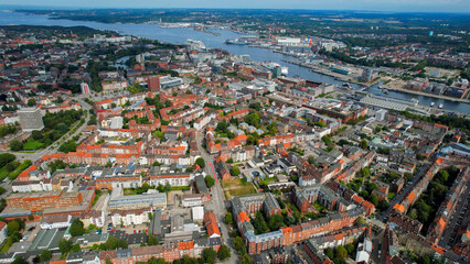 Aerial view of the old town of the city Kiel in Germany on an overcast day in afternoon